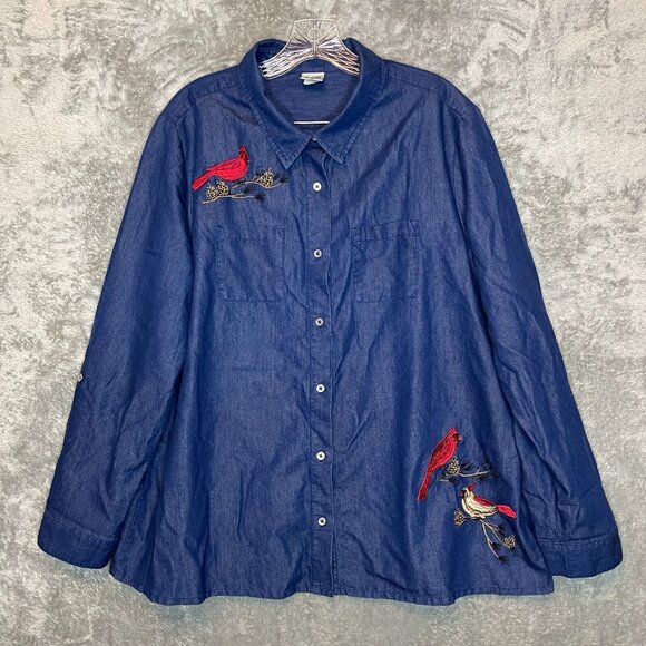 Blair Women Embroidered Bird Cardinal Blue Chambray Roll Tab Collared Shirt XL - Picture 2 of 11